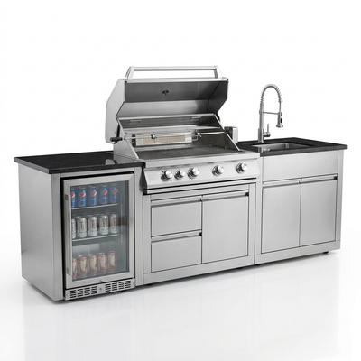 Outdoor Kitchen Island Built for Backyard Entertaining, Propane Grill, Sink, Refrigerator, Storage