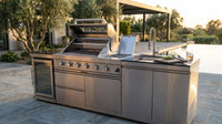 Modular Outdoor Kitchen BBQ Island, 104" Outdoor Kitchen Propane Gas Island Grill with Sink, Compact Refrigerator, Storage Cabinets, Rotisserie Kit (Silver, 104") — Lifestyle