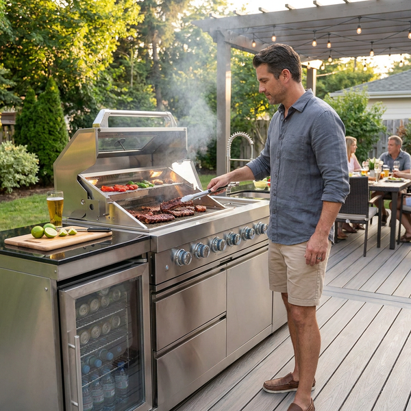 Outdoor Kitchen Island Built for Backyard Entertaining, Propane Grill, Sink, Refrigerator, Storage