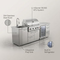 Outdoor Kitchen Island Built for Backyard Entertaining, 4-Burner 59500 BTU Grill, Built-In Sink, Refrigerator — infographic