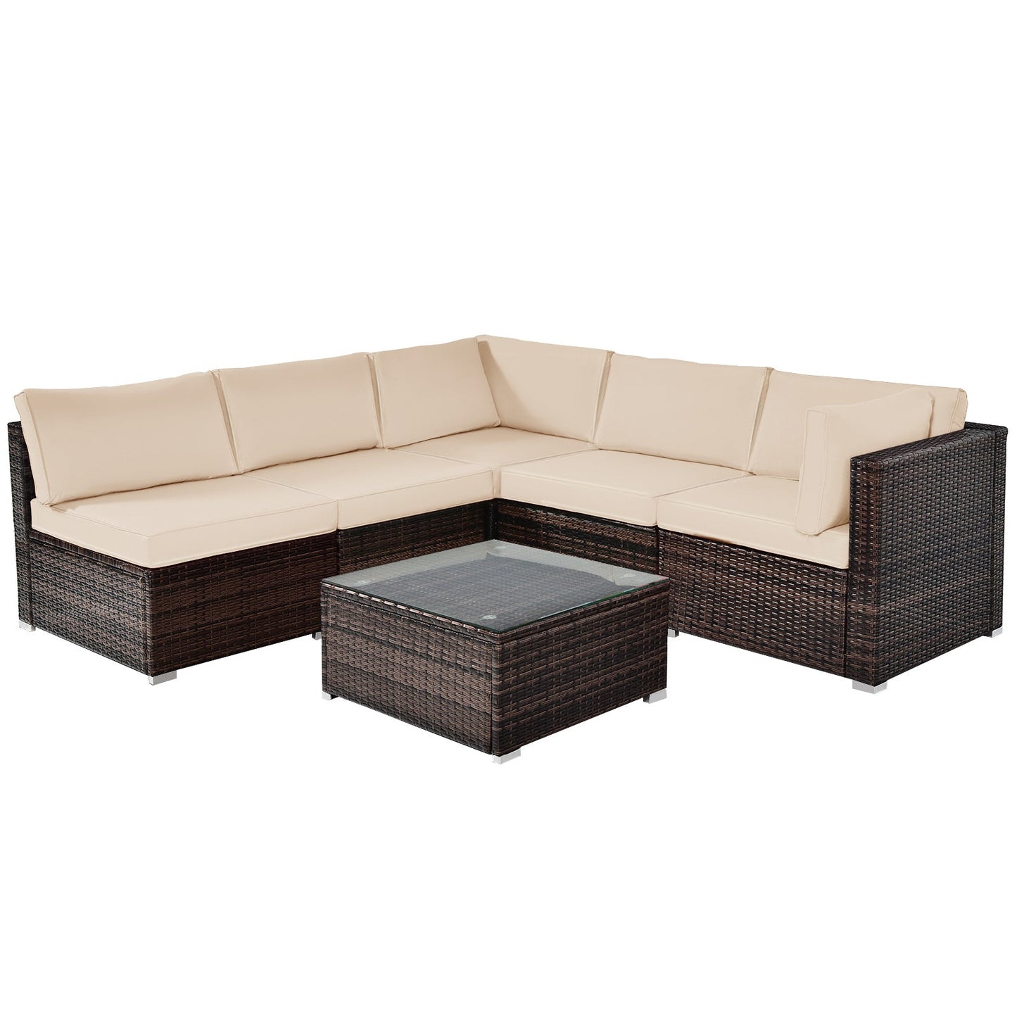 6-Piece Patio Rattan Furniture Set | Cushions & Glass Coffee Table