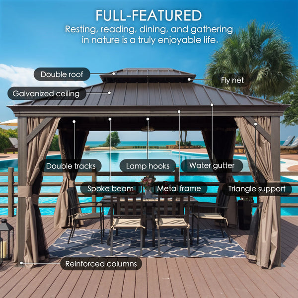 Kozyard Alexander 10' x 12' Aluminum Hardtop Gazebo | Galvanized Steel Roof | Double-Top Design | Screens & Curtains Included