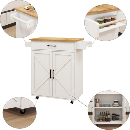 Farmhouse Style Kitchen Island with Rolling Wheels,Indoor Kitchen Islands with Towel and Spice Racks,2 Doors & 1 Drawer,Kitchen Storage Cart W/Adjustable Shelf,For Kitchen,White