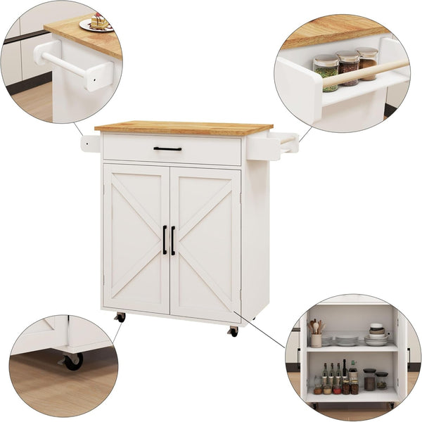 Farmhouse Style Kitchen Island with Rolling Wheels,Indoor Kitchen Islands with Towel and Spice Racks,2 Doors & 1 Drawer,Kitchen Storage Cart W/Adjustable Shelf,For Kitchen,White