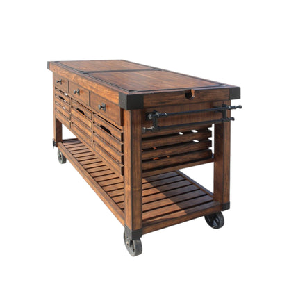 Kaif Distressed Chestnut Kitchen Cart | Removable Top Boards | Locking Casters