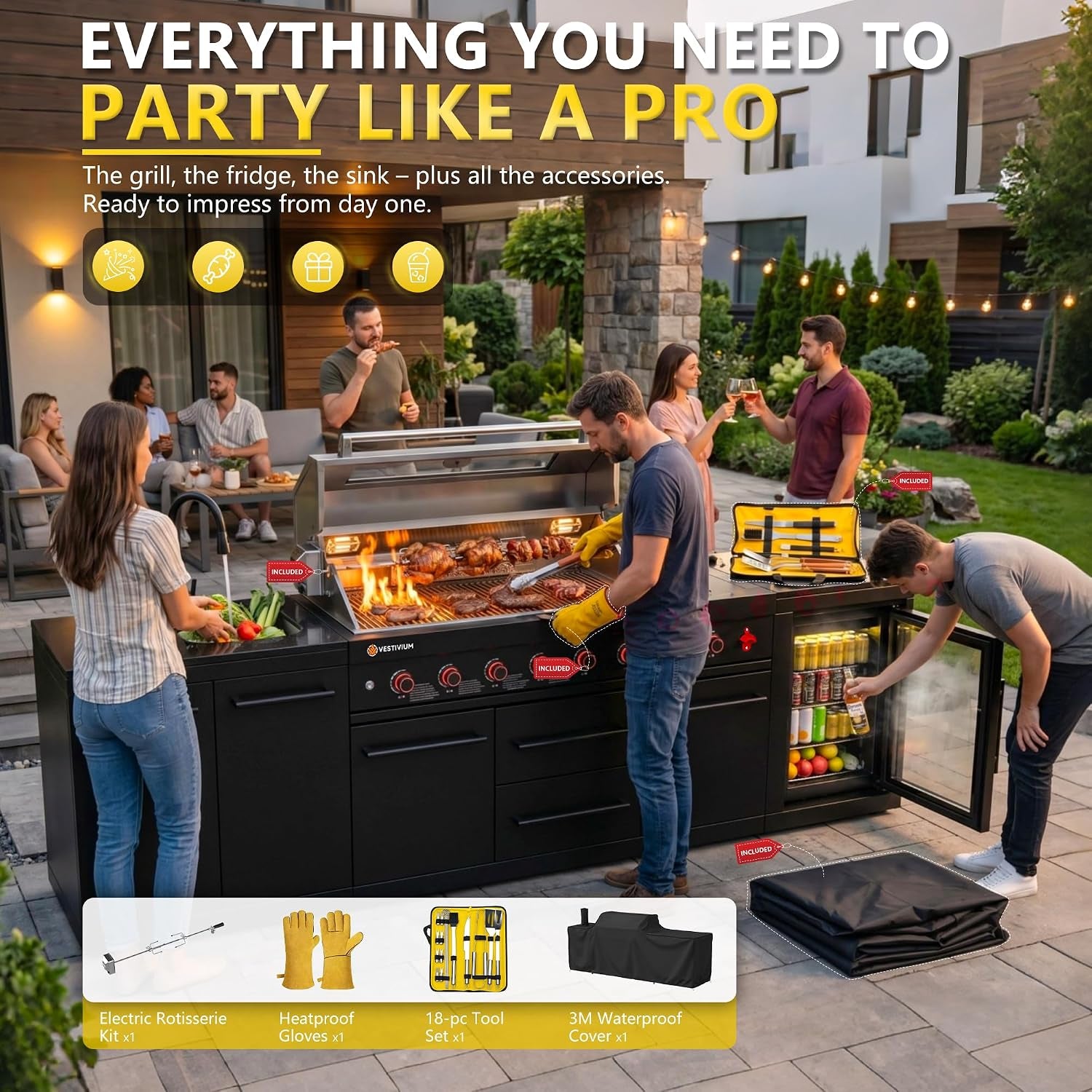 109" All-In-One Outdoor Kitchen, 8-Burner Modular Grill Station, Powder Coating Black SS304 & Black Granite, Sink, Fridge, Complete BBQ Set for Large Patios & Backyards (Propane)