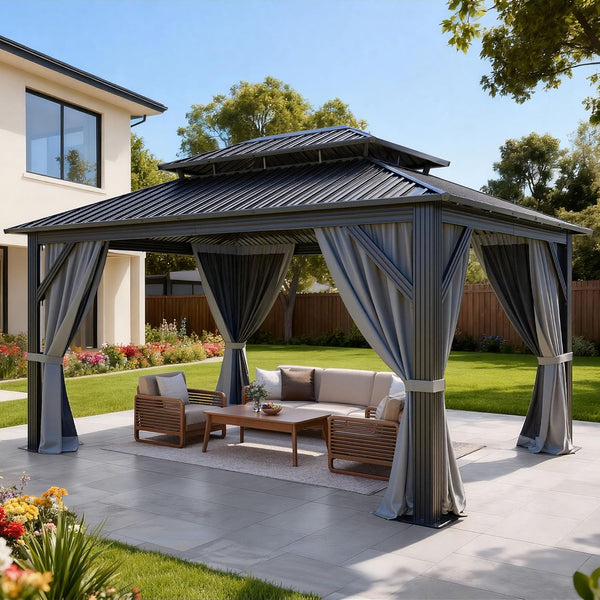 DWVO 16' x 12' Metal Hardtop Gazebo | Double Roof | Mesh Curtains | Outdoor Canopy