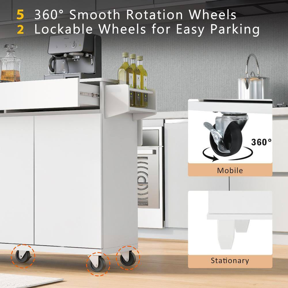53.2 In. Rolling Kitchen Island Grill Carts on Wheels with Adjustable Shelves for Kitchen, Dining Room in White