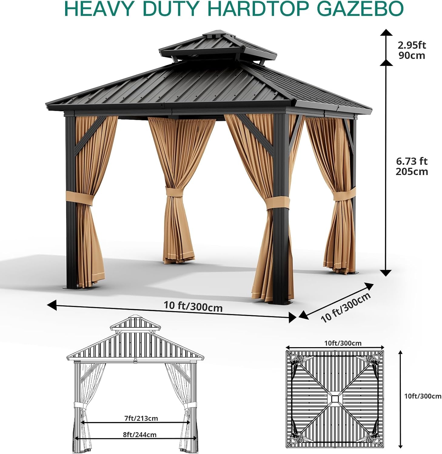 10X10 Ft Double Roof Hardtop Gazebo, Heavy Duty Galvanised Steel Hardtop Pavilion with Nettings and Curtains, Metal Roof Gazebo for Patio, Terrace, Lawn and Deck, Brown