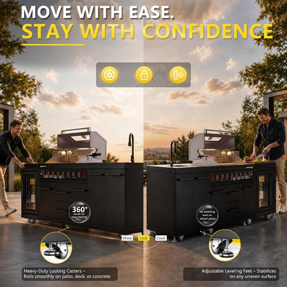 109" All-In-One Outdoor Kitchen, 8-Burner Modular Grill Station, Powder Coating Black SS304 & Black Granite, Sink, Fridge, Complete BBQ Set for Large Patios & Backyards (Propane)