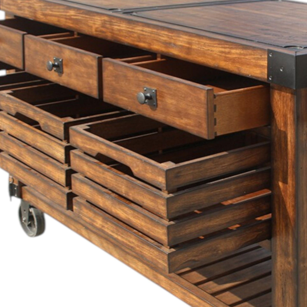 Kaif Distressed Chestnut Kitchen Cart | Removable Top Boards | Locking Casters