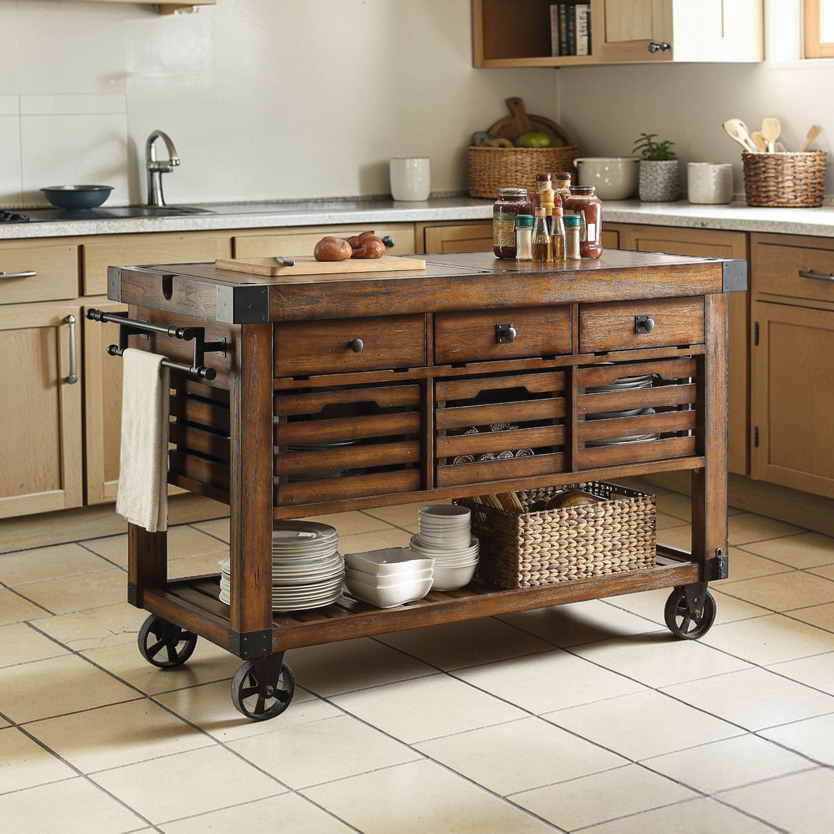 Kaif Distressed Chestnut Kitchen Cart | Removable Top Boards | Locking Casters
