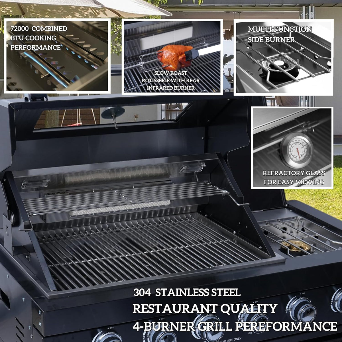 98 Inches Outdoor Kitchen Island, 4-Burner 72000 BTU Propane Stainless Steel BBQ with Side/Rear Burners, with Refrigerator and Sink, Rotisserie, Granite Countertops, Storage, for Backyard BBQ, Silver