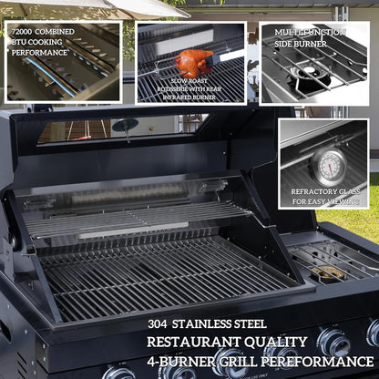 98 Inches Outdoor Kitchen Island, 4-Burner 72000 BTU Propane Stainless Steel BBQ with Side/Rear Burners, with Refrigerator and Sink, Rotisserie, Granite Countertops, Storage, for Backyard BBQ, Silver