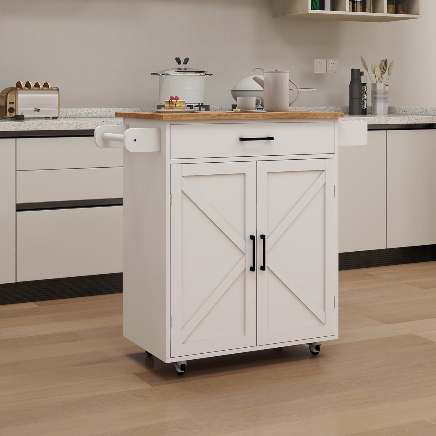 Farmhouse Style Kitchen Island with Rolling Wheels,Indoor Kitchen Islands with Towel and Spice Racks,2 Doors & 1 Drawer,Kitchen Storage Cart W/Adjustable Shelf,For Kitchen,White