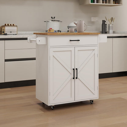 Farmhouse Style Kitchen Island with Rolling Wheels,Indoor Kitchen Islands with Towel and Spice Racks,2 Doors & 1 Drawer,Kitchen Storage Cart W/Adjustable Shelf,For Kitchen,White