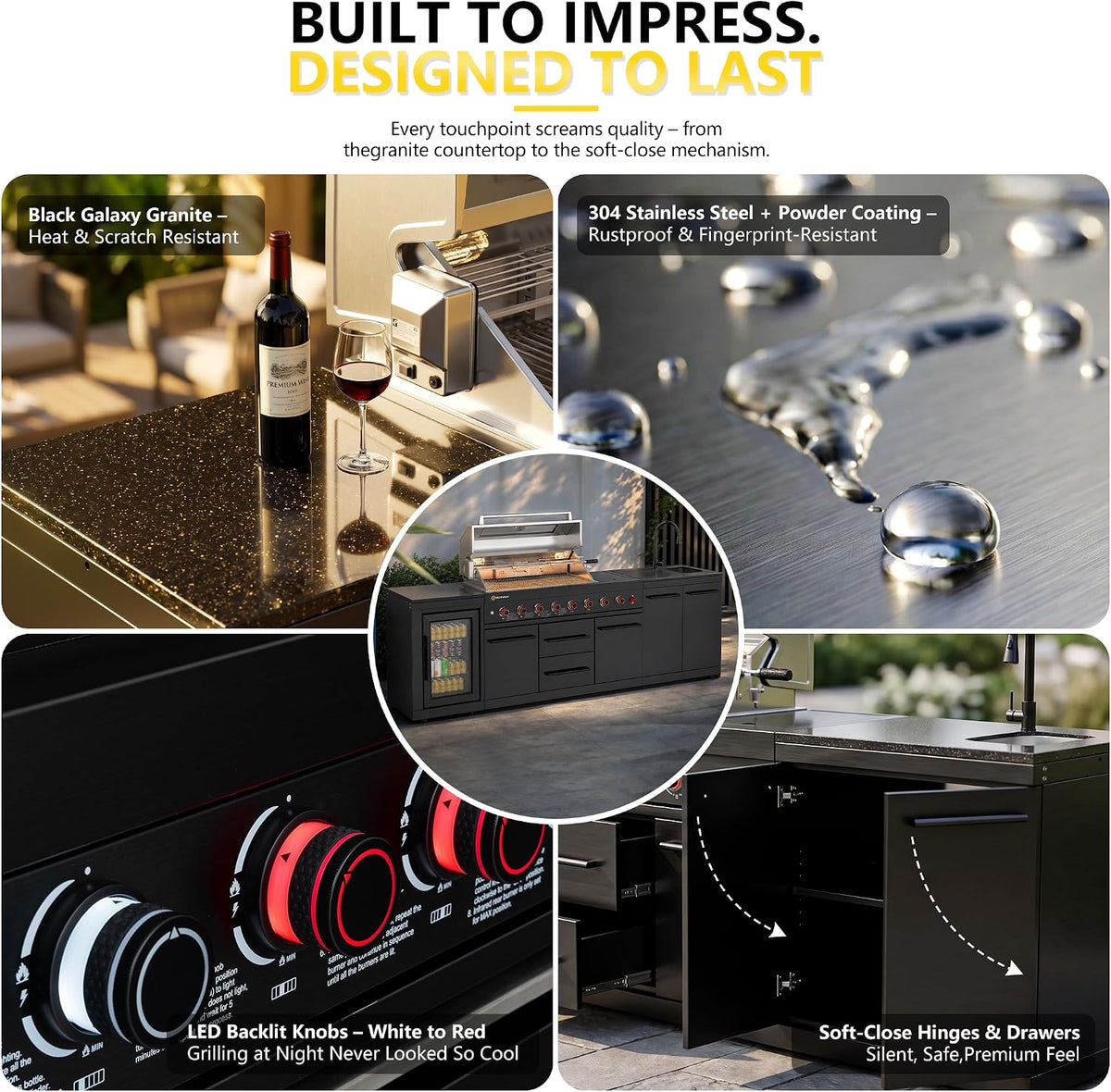 109" All-In-One Outdoor Kitchen, 8-Burner Modular Grill Station, Powder Coating Black SS304 & Black Granite, Sink, Fridge, Complete BBQ Set for Large Patios & Backyards (Propane)