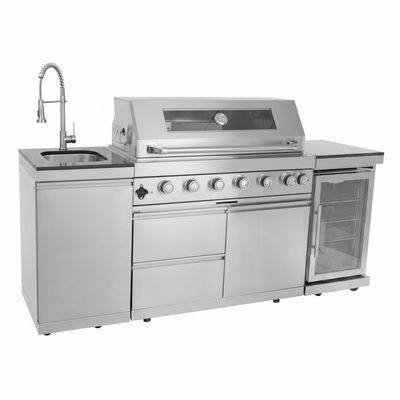 Outdoor Kitchen Island 85" 6-Burner 85000 BTU Deluxe Modular BBQ Island - Grill Islands W/Wine Cooler, Built in Combo outside Island + Rotisserie & Granite Top Outdoor Grill