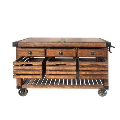 Kaif Distressed Chestnut Kitchen Cart | Removable Top Boards | Locking Casters
