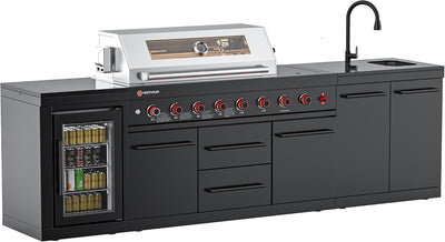 109-Inch All-in-One Outdoor Kitchen | 8-Burner Grill | Sink & Refrigerator | SS304 & Black Granite