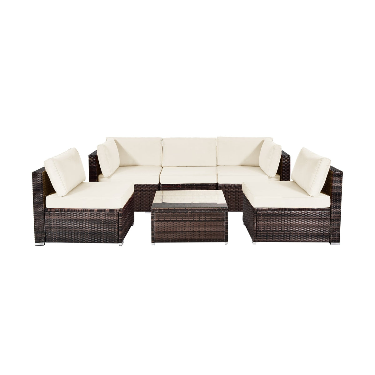 6-Piece Patio Rattan Furniture Set | Cushions & Glass Coffee Table