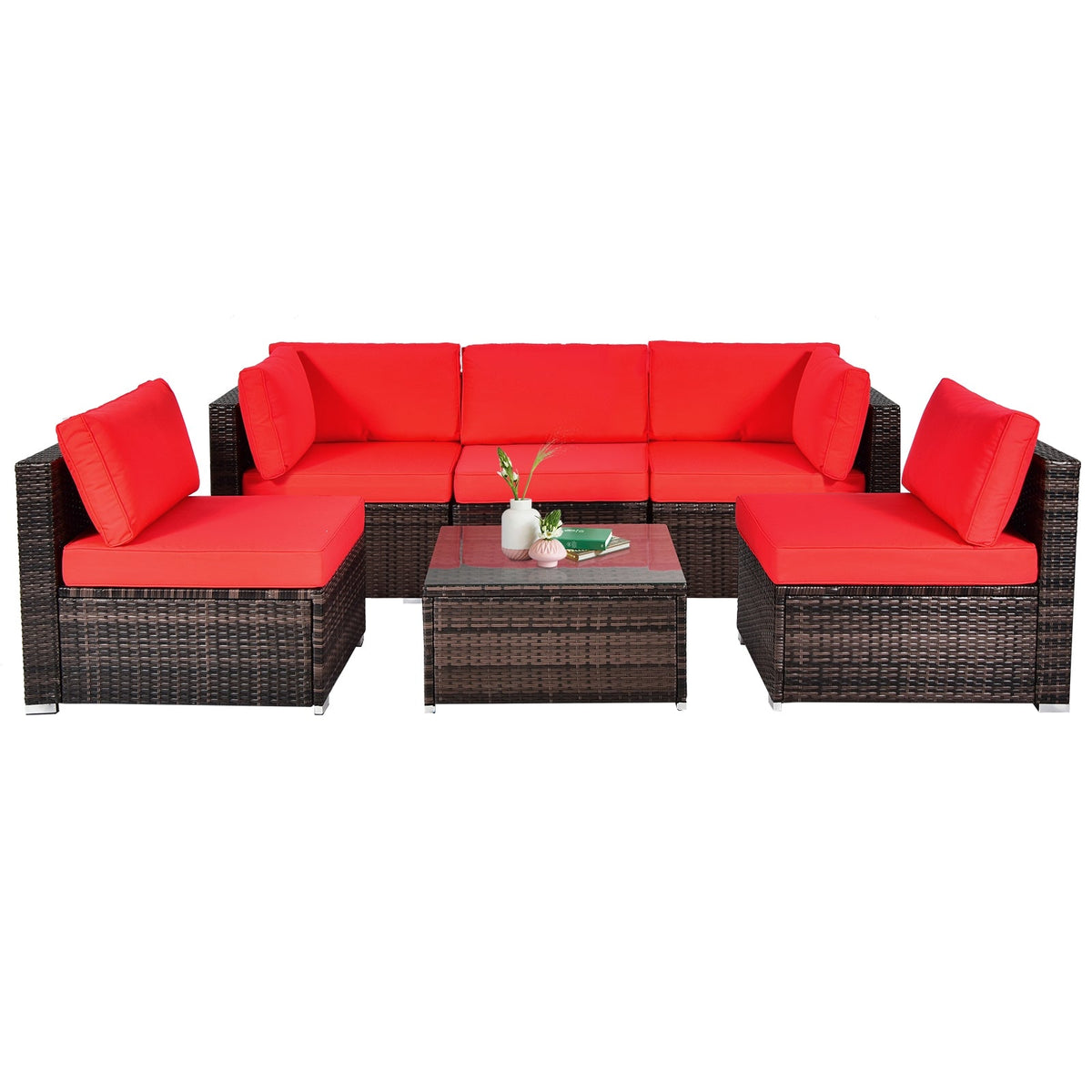 6-Piece Patio Rattan Furniture Set | Cushions & Glass Coffee Table