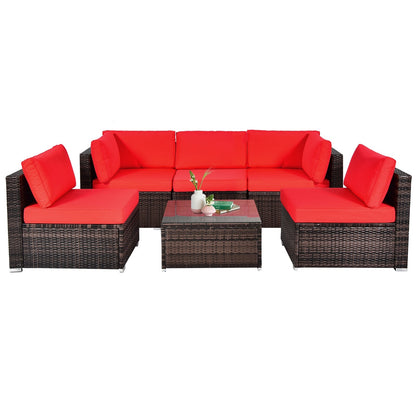 6-Piece Patio Rattan Furniture Set | Cushions & Glass Coffee Table