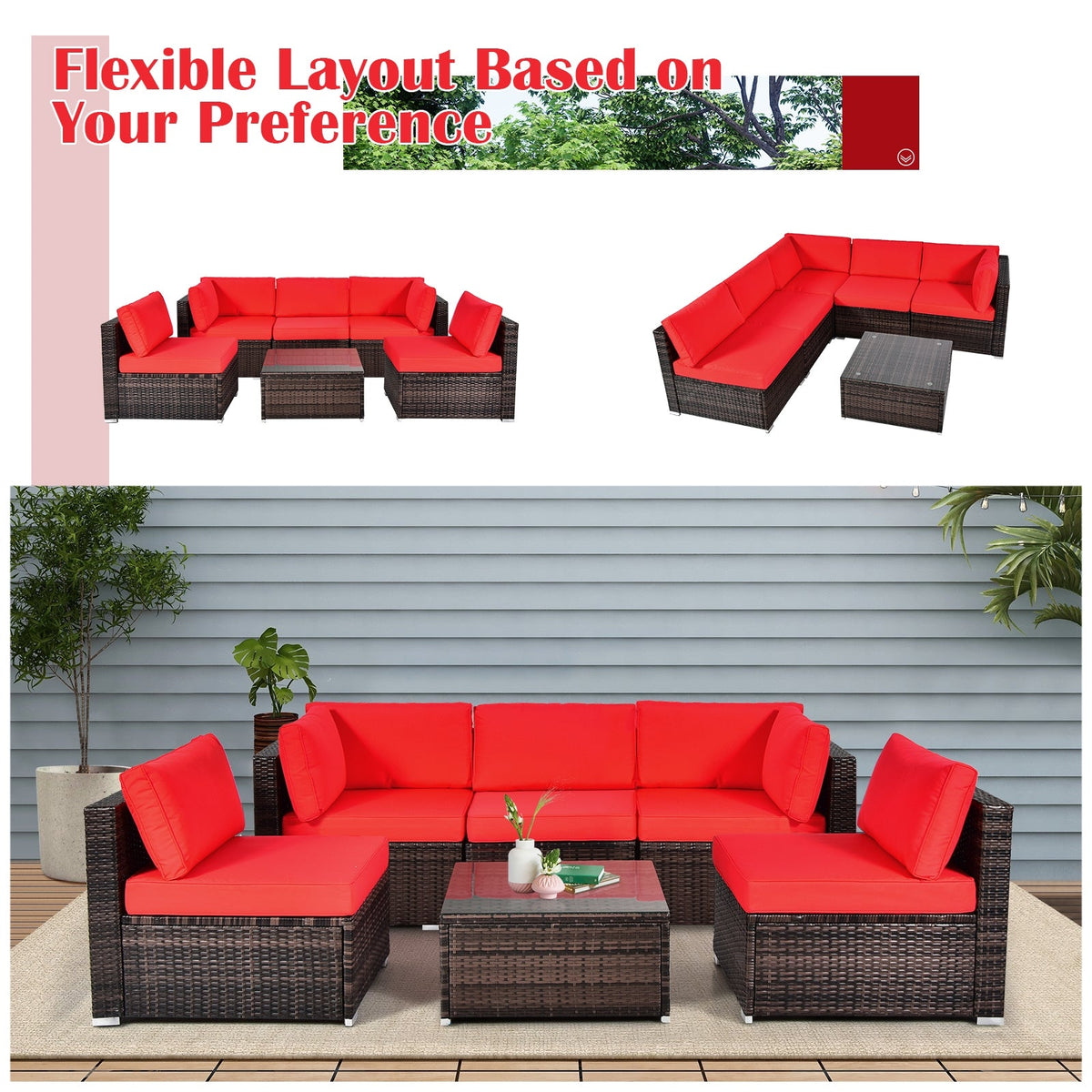 6-Piece Patio Rattan Furniture Set | Cushions & Glass Coffee Table