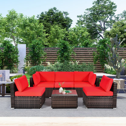 6-Piece Patio Rattan Furniture Set | Cushions & Glass Coffee Table