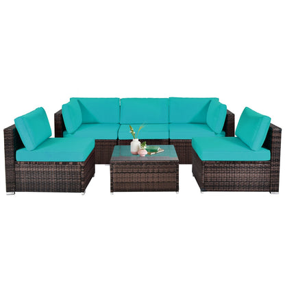 6-Piece Patio Rattan Furniture Set | Cushions & Glass Coffee Table