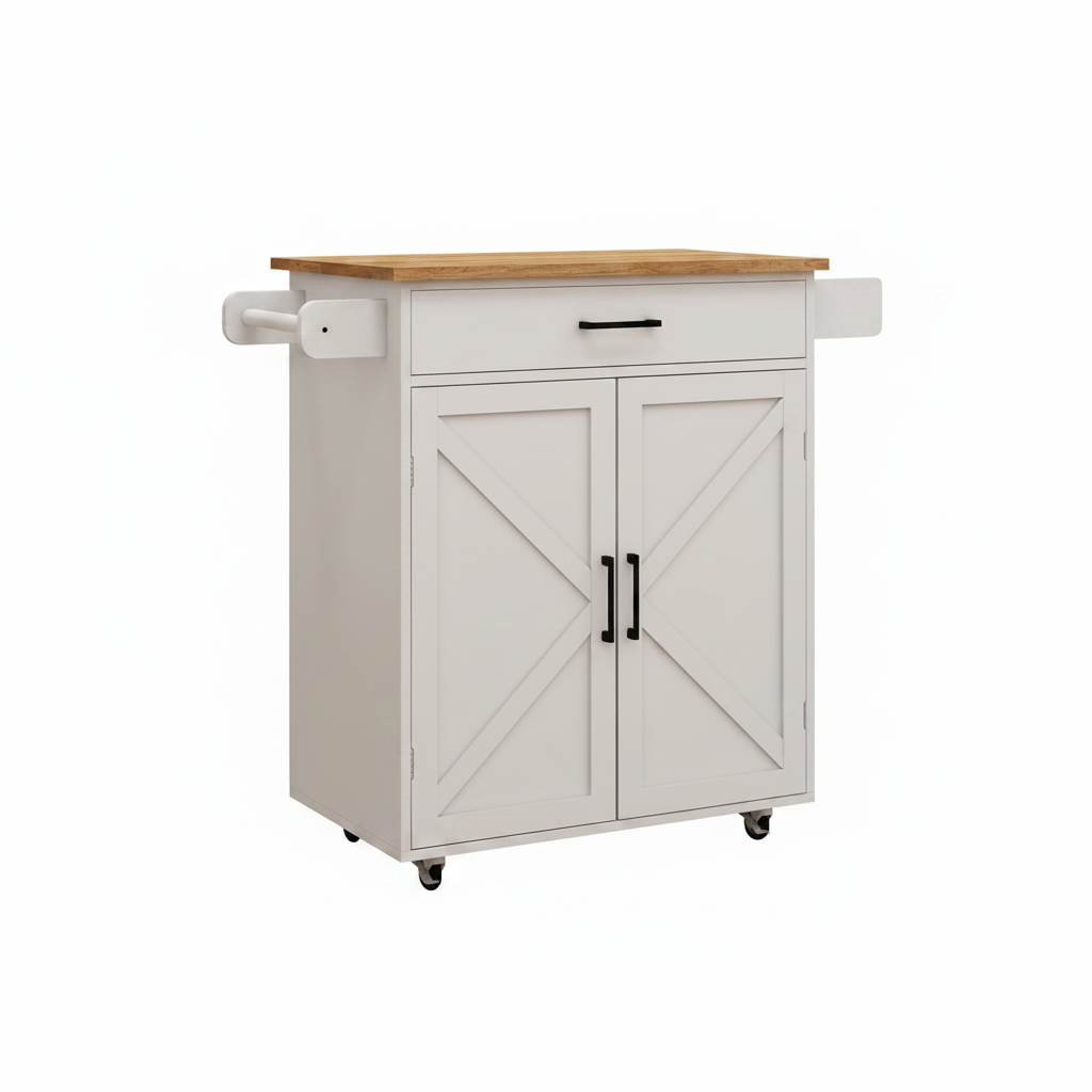 Farmhouse Style Kitchen Island with Rolling Wheels,Indoor Kitchen Islands with Towel and Spice Racks,2 Doors & 1 Drawer,Kitchen Storage Cart W/Adjustable Shelf,For Kitchen,White