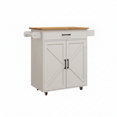 Farmhouse Style Kitchen Island with Rolling Wheels,Indoor Kitchen Islands with Towel and Spice Racks,2 Doors & 1 Drawer,Kitchen Storage Cart W/Adjustable Shelf,For Kitchen,White